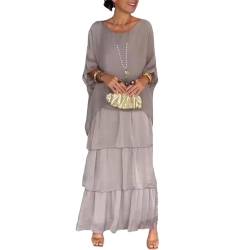 Lockeres Kleid im künstlerischen Stil, lässige A-Linie, 3/4-Ärmel, Rundhalsausschnitt, geschichtete Sommer-Maxikleider (X-Large,Gray) von EUUDROBY