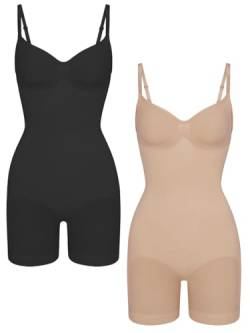 EUYZOU Shapewear Bodysuit für Damen, Bauchkontrolle, Body Shaper, Schwarz/Skin, 2 Stück, M-L von EUYZOU