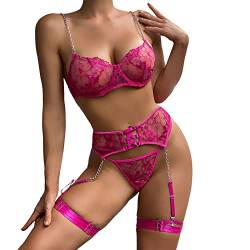 EVAEVA Damen Sexy Dessous Set Unterwäsche Strapsen Lingerie Sexy Set mit Strapsen mit BH und Slip mit Beinbändern String Dessous Netz-Spleißen und aushöhlendem (Hot Pink, M) von EVAEVA