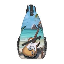 EVANEM Guitar On The Beach Crossbody Sling Rucksack Sling Bag Chest Bag Shoulder Bag Casual Day Pack Für Unisex, Schwarz , Einheitsgröße von EVANEM