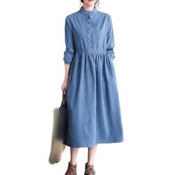 EVANEM Sommerkleid Damen, Damen-Boho-Cordkleid Modisches Lockeres Kleid Elegantes Blaues Kleid Langärmeliges Retro-Kleid Stickerei Für Freizeiturlaub Geburtstagsfeier Festivalkleid S von EVANEM