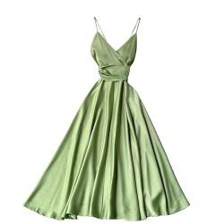 Sommerkleid Damen, Satin-Kleider, Kleider, A-Linien-Kleider, Ärmellos, Quadratischer Ausschnitt, Bindetaille Für Abendkleider, Cocktail-Party, Formelle Hochzeit, Sommerkleider, Grün von EVANEM