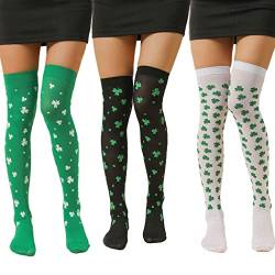 EVAZEN St.Patrick's Day Oberschenkelhohe Socken Grün Kniestrümpfe Gestreift Oberschenkelhoch Strümpfe Kleeblatt Beinwärmer für Damen und Mädchen, B-3 Paar, Einheitsgröße von EVAZEN