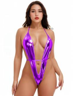 EVAbaby Sexy Mini Monokini Bademode für Frauen PU Leder Einteiler Halter Extreme Micro Bikini Teddy Dessous Slutty Badeanzug, violett, Einheitsgröße von EVAbaby