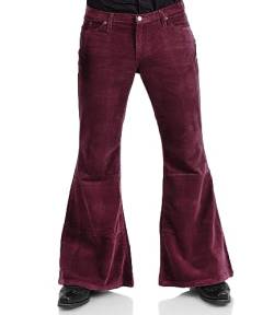 Herren Cordhose im Vintage-Stil mit Glockenunterteil, 70er Jahre, Disco, dehnbar, ausgestellte Hose, passend für 60er-/70er-Jahre-Outfits für Herren, Herren-Jeans mit Glockenunterteil, Weinrot1, Groß von EVEDESIGN