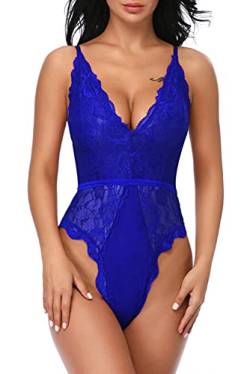 EVELIFE Body Damen Sexy Dessous EIN Stück Teddy Babydoll Spitze Bodysuit Lingerie V-Ausschnitt Unterwäsche Nachtwäsche, Königsblau, XXL von EVELIFE