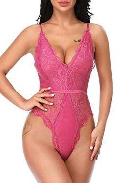 EVELIFE Body Damen Sexy Dessous EIN Stück Teddy Babydoll Spitze Bodysuit Lingerie V-Ausschnitt Unterwäsche Nachtwäsche, Rosa, L von EVELIFE