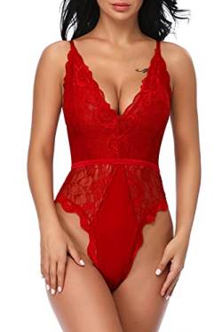 EVELIFE Body Damen Sexy Dessous EIN Stück Teddy Babydoll Spitze Bodysuit Lingerie V-Ausschnitt Unterwäsche Nachtwäsche, Rot, M von EVELIFE