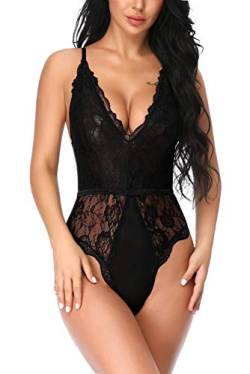 EVELIFE Body Damen Sexy Dessous EIN Stück Teddy Babydoll Spitze Bodysuit Lingerie V-Ausschnitt Unterwäsche Nachtwäsche, Schwarz, XL von EVELIFE