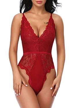 EVELIFE Body Damen Sexy Dessous EIN Stück Teddy Babydoll Spitze Bodysuit Lingerie V-Ausschnitt Unterwäsche Nachtwäsche, Weinrot, L von EVELIFE