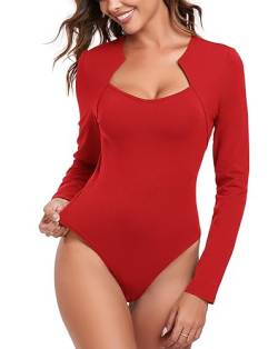 EVELIFE Body Damen Sexy Weicher Langarm Bodies Rundhalsausschnitt Casual Blusenbody Top (Rot,XXL) von EVELIFE