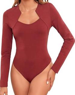 EVELIFE Body Damen Sexy Weicher Langarm Bodies Rundhalsausschnitt Casual Blusenbody Top (Rotwein,M) von EVELIFE