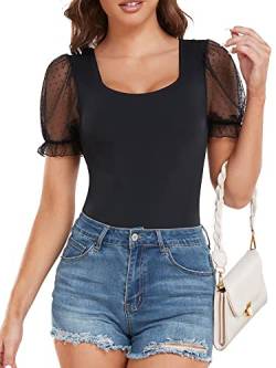 EVELIFE Damen Bodysuit Top Ärmellos Slim Fit Schweizer Punkte Mesh Puffärmel Casual Spitze Jumpsuit Tops Bluse Shirts, Schwarz , 42 von EVELIFE