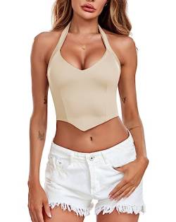 EVELIFE Damen Crop Top Sexy V-Ausschnitt Neckholder ärmellos Tank Top Weste Bustier Top (Nackt,S) von EVELIFE