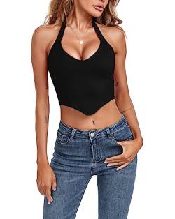 EVELIFE Damen Crop Top Sexy V-Ausschnitt Neckholder ärmellos Tank Top Weste Bustier Top (Schwarz,XL) von EVELIFE