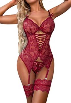 EVELIFE Damen Dessous Sets Sexy Spitze Body mit Oberschenkel Manschetten Unterwäsche Teddy Babydolls mit Oberschenkel Strumpfband Keine Strümpfe, weinrot, 48 von EVELIFE