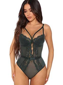 EVELIFE Damen Dessous Sexy Floral Spitze Bodysuit Teddy Deep V Lingerie Snap Crotch Bodysuit(Grün XL) von EVELIFE