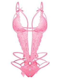 EVELIFE Damen Rückenfrei Body Sexy Tiefer V-Ausschnitt Dessous Spitze Einteiliger Unterwäsche Strappy Lingerie Nachtwäsche(Rosa L) von EVELIFE