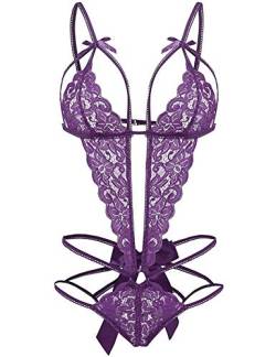 EVELIFE Damen Rückenfrei Body Sexy Tiefer V-Ausschnitt Dessous Spitze Einteiliger Unterwäsche Strappy Lingerie Nachtwäsche (Lila, Large) von EVELIFE