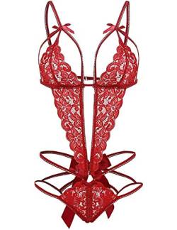 EVELIFE Damen Rückenfrei Body Sexy Tiefer V-Ausschnitt Dessous Spitze Einteiliger Unterwäsche Strappy Lingerie Nachtwäsche (Rot, Small) von EVELIFE