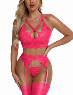 EVELIFE Damen Sexy Dessous Set mit Strumpfgürtel Spitze BH und Höschen Set Hohe Taille Strapsen Dessous Ohne Strümpfe (Rosa,S) von EVELIFE