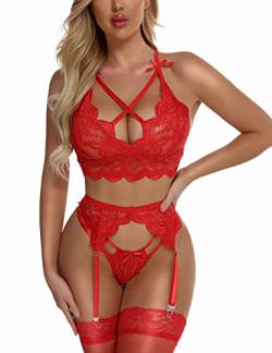 EVELIFE Damen Sexy Dessous Set mit Strumpfgürtel Spitze BH und Höschen Set Hohe Taille Strapsen Dessous Ohne Strümpfe (Rot,L) von EVELIFE