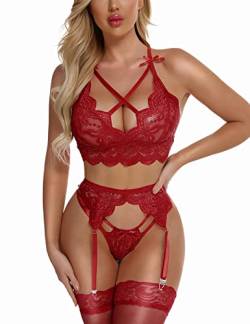 EVELIFE Damen Sexy Dessous Set mit Strumpfgürtel Spitze BH und Höschen Set Hohe Taille Strapsen Dessous Ohne Strümpfe (Rotwein,L) von EVELIFE