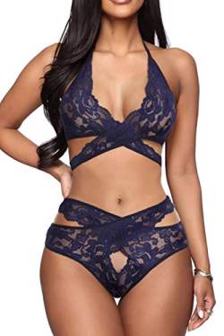 EVELIFE Damen Sexy Reizwäsche Zweiteilige Neckholder Spitze Dessous Set BH und Slip Hohe Taille Unterwäsche Babydoll (Blau Large) von EVELIFE