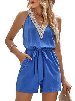 EVELIFE Damen Sommer Kurze Jumpsuits Ärmellos Tank Top V Ausschnitt Jumpsuit Strampler, blau, 36 von EVELIFE