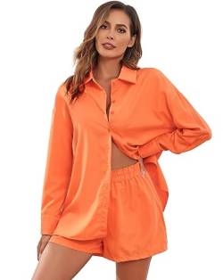 EVELIFE Damen Trainingsanzug Set Streetwear 2-teilig Langarm Oversize Shirt High Waist Shorts Sportanzüge Outfit Trainingsanzüge (Orange,L) von EVELIFE