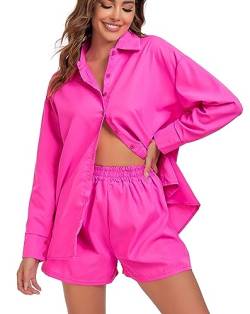 EVELIFE Damen Trainingsanzug Set Streetwear 2-teilig Langarm Oversize Shirt High Waist Shorts Sportanzüge Outfit Trainingsanzüge (Rosa,XL) von EVELIFE