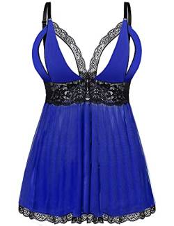 EVELIFE Damen Übergröße Dessous Set Spitze Sexy Chemise Nachtwäsche Babydoll Kleid mit G-String(Blau + Schwarz 4XL) von EVELIFE