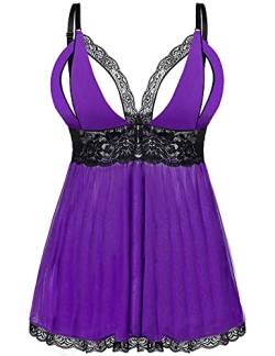 EVELIFE Damen Übergröße Dessous Set Spitze Sexy Chemise Nachtwäsche Babydoll Kleid mit G-String(Lila 4XL) von EVELIFE