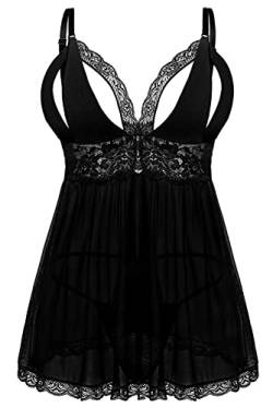 EVELIFE Damen Übergröße Dessous Set Spitze Sexy Chemise Nachtwäsche Babydoll Kleid mit G-String(Pures Schwarz 3XL) von EVELIFE