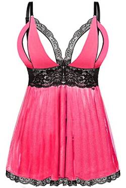 EVELIFE Damen Übergröße Dessous Set Spitze Sexy Chemise Nachtwäsche Babydoll Kleid mit G-String(Rosa 3XL) von EVELIFE