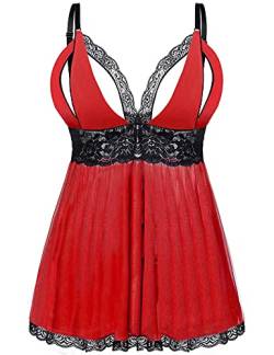 EVELIFE Damen Übergröße Dessous Set Spitze Sexy Chemise Nachtwäsche Babydoll Kleid mit G-String(Rot 3XL) von EVELIFE