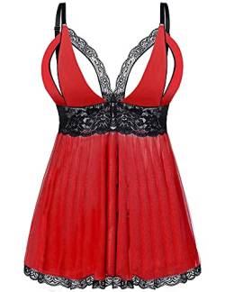 EVELIFE Damen Übergröße Dessous Set Spitze Sexy Chemise Nachtwäsche Babydoll Kleid mit G-String(Rot XL) von EVELIFE