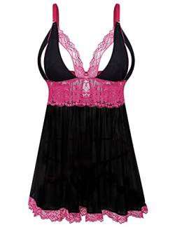 EVELIFE Damen Übergröße Dessous Set Spitze Sexy Chemise Nachtwäsche Babydoll Kleid mit G-String(Schwarz XXL) von EVELIFE