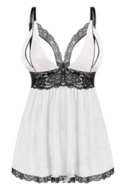 EVELIFE Damen Übergröße Dessous Set Spitze Sexy Chemise Nachtwäsche Babydoll Kleid mit G-String(Weiß L) von EVELIFE