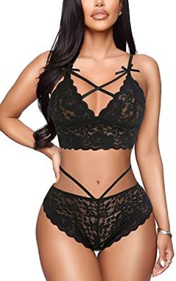 EVELIFE Dessous Damen Sexy Unterwäsche Frauen BH und String Set Spitze Tanga (Schwarz S) von EVELIFE