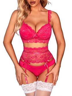 EVELIFE Dessous-Set für Frauen BH und Höschen Set Sexy Dessous 3 Stück Bralette und Höschen Spitze Dessous Unterwäsche mit hoher Taille Straps-Tanga, rose, 38 von EVELIFE