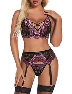 EVELIFE Frauen Dessous Set mit Strumpfgürtel Sexy Spitze BH und Höschen Set Riemchen Teddy Nachtwäsche 3-teilig Dessous, violett, 42 von EVELIFE