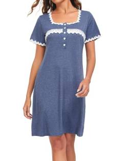 EVELIFE Frauen Nachthemd Weiches Nachthemd für Frauen Chemise Kurzarm über dem Knie Spitze Blumendruck Damen Sommer Loungwear Nachtwäsche Negligee, marineblau, 36 von EVELIFE