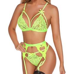 EVELIFE Frauen Spitze Dessous Set mit Strumpfband Gürtel 3 Stück, Sexy Spitze BH und Höschen Set Strappy Teddy Babydoll Nachtwäsche, leuchtend grün, 46 von EVELIFE