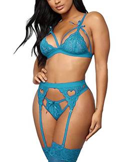 EVELIFE Frauen Spitze Dessous Set mit Strumpfgürtel 3 Stück Sexy Spitze BH und Höschen Set Strappy Teddy Babydoll Nachtwäsche, hellblau, 38 von EVELIFE