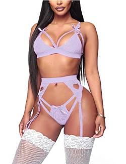 EVELIFE Frauen Spitze Dessous Set mit Strumpfgürtel 3 Stück Sexy Spitze BH und Höschen Set Strappy Teddy Babydoll Nachtwäsche, hellviolett, 42 von EVELIFE