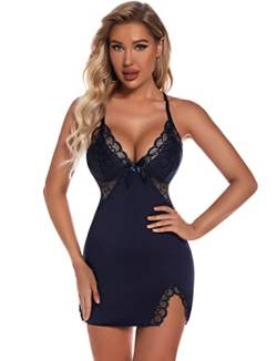 EVELIFE Sexy Negligee Nachtwäsche für Damen Babydoll Dessous V-Ausschnitt Slip Nachthemd (Marineblau,S) von EVELIFE