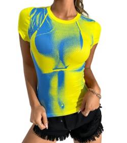 Damen 3D Body Print Crop Tops - Y2k Grafik Tee Shirt Ästhetische Wärmekarte Sexy Lang Kurz Rundhals Outfit Kleidung, Kurze Gelb, Klein von EVELUST
