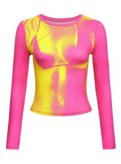Damen 3D Body Print Crop Tops - Y2k Kleidung Grafik Tee Ästhetisch Sexy Langarm Rundhals T-Shirt Trendy, Rose, Mittel von EVELUST