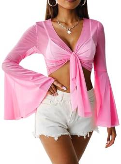 Damen Mesh Oberteil Y2k Top - Langarm Netzoberteil Shirt V Ausschnitt Crop Top Mit Trompetenärmeln Rave Outfit Swimwear Coverups(Pink,M,1087w) von EVELUST